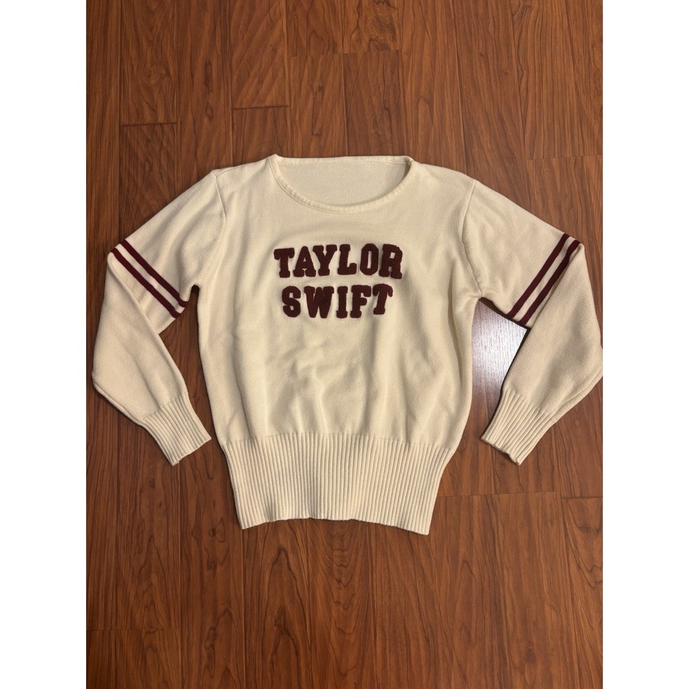 Taylor Swift Red Era Preppy Varsity Crewneck Cream Long-Sleeve Sweater Medium